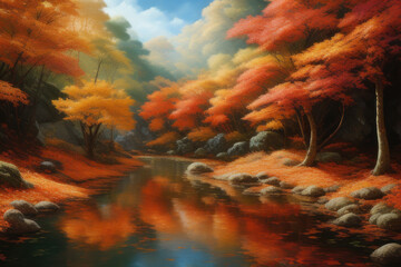 Autumn tree river path, Generative AI