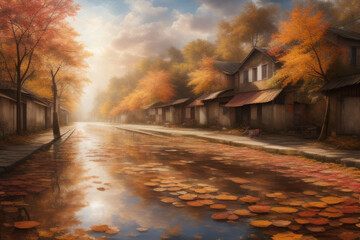 Autumn village being greeted by a warm sunrise on its river, Generative AI