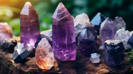 In a forest, impressive mineral formations create a mystical backdrop. Use fluorite quartz gemstones for healing rituals.. - obrazy, fototapety, plakaty