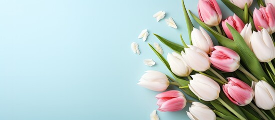 Mother s Day concept Overhead view of white and pink tulip bouquet on pastel blue background with space for text