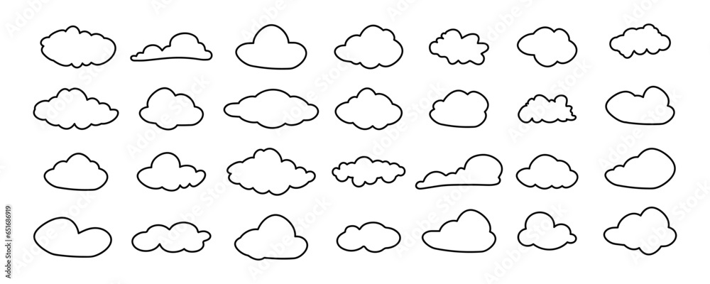 Aufkleber Set of clouds. Cloud icon. Different shape clouds in a linear style. Set of different sky n line or outline. Cloudy shape collection. Vector illustration.
