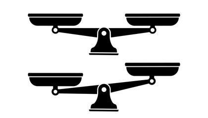 Scales icon. Libra icon. Set of different scales. Bowls of scales in balance, an imbalance of scales. Scales black vector icon. Justice Vector illustration