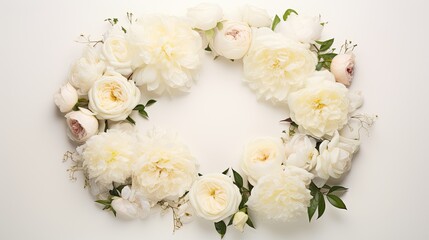Obraz na płótnie Canvas Arrange white roses and peonies in a semi-circular fashion on a pale ivory background. Ensure to leave the center untouched for negative copy space. Wedding, menu card, celebration, event. 