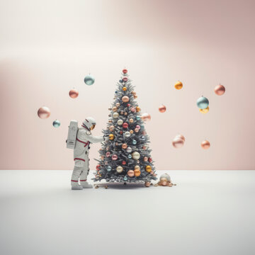Astronaut decorating Christmas tree. Futuristic xmas background. Ai generated image