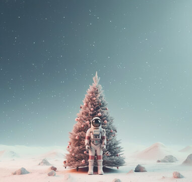 Christmas tree on the moon surface with an astronaut celebrating. Fantasy Xmas background. Ai generated image