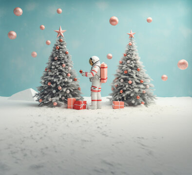 Snowy landscape with Christmas trees decorated by an astronaut. Colorful Xmas background. Ai generated image.