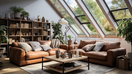 In a modern living room within a Scandinavian home interior design, a brown leather sofa with grey pillows and a blanket is placed against a skylight in an attic