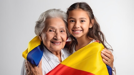 Colombian girl and grandmother with the national flag - obrazy, fototapety, plakaty