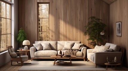 In a spacious room with wooden paneling walls, a brown chair and beige sofa are placed against a window in a Scandinavian style home interior design of a modern living room