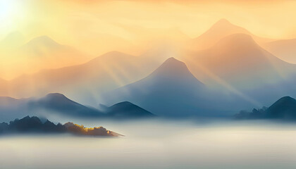 Natural fog and mountains sunlight background blurring, misty waves warm colors.