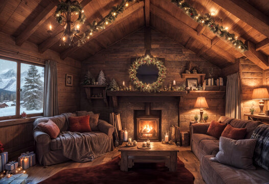 Soirée de Noël dans le salon d'un chalet en bois avec un sapin, des cadeaux et une cheminée un soir d'hiver