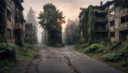 Immeubles d'habitation recouverts de plantes dans une ville abandonnée - obrazy, fototapety, plakaty