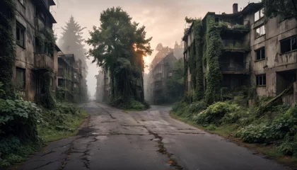 Fotobehang Immeubles d'habitation recouverts de plantes dans une ville abandonnée © Morgan