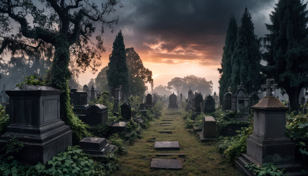 Vue panoramique sur un cimeti&egrave;re inqui&eacute;tant au coucher du soleil