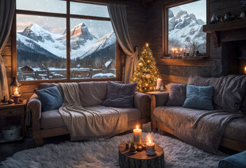 Ambiance chaleureuse dans le salon d'un chalet avec un sapin et des cadeaux un soir de Noël