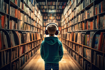 School boy with headphones on his head standing in large library, books on both sides, view from behind - audiobooks concept. Generative AI