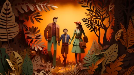 Rollo Parents with grown-up daugther, father and daughter holding hands, in a colorful autumn landscape, in the style of paper cut shapes and layered paper © BerndRolauffs