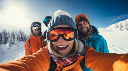 stockphoto, a group of people wearing ski equipment takes a selfie together. Group of friend during ski holiday taking a selfie. Togetherness, happy people. - obrazy, fototapety, plakaty