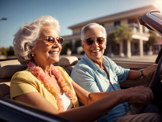 Happy senior couple driving in cabriolet car on holiday time, having fun in a road trip during summer vacation. Retirement hobby and leisure activity for elderly people. - obrazy, fototapety, plakaty