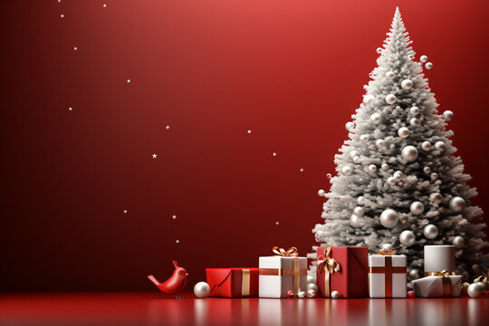Christmas tree with gift boxes on red background Christmas background with copy space for text