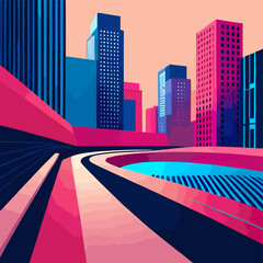 abstract city skyline, retro disco party, person in a bar with a cocktail, graphic with bold, blocky typography in electric blue and hot pink, complemented by abstract, angular shapes, funky vector il - obrazy, fototapety, plakaty