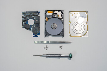 Top view of hard disk disassembly. Disassembled for repair and maintenance. or for education