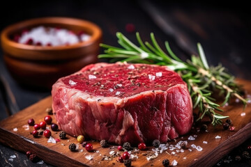 Raw beef filet Mignon steak on a wooden Board with peppers and herbs, AI Generated