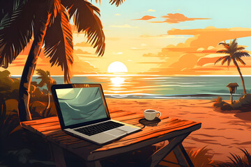 Digital working on a laptop with a cup of coffee on a wooden table on a sunset terrace overlooking the sea and beach with trees.