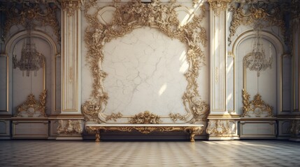 Design an opulent mockup poster frame on a chiseled marble wall in a Baroque-style palace with gilded, ornate furniture.