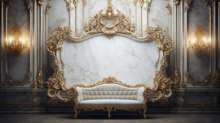 Design an opulent mockup poster frame on a chiseled marble wall in a Baroque-style palace with gilded, ornate furniture. - obrazy, fototapety, plakaty