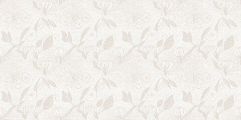 Subtle rustic elegance wedding floral block print linen seamless border. Banner print of white on white tonal cotton effect flower ribbon.