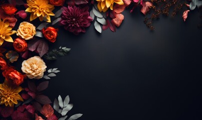 Autumn flowers frame on wooden background. Seasonal yellow and red flowers. Autumn background. Space for text.