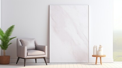 Fine honed marble walls create a serene atmosphere in a soft room with a mockup poster blank frame.