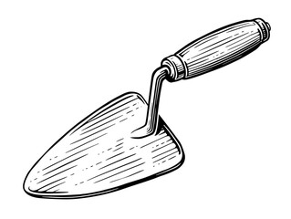 Construction trowel with wooden handle. Working tool for housework or repairs. Sketch illustration