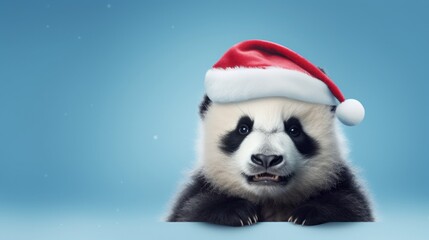 Christmas panda bear.  Santa hat on panda. Close up on bear. Blue background.