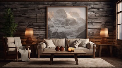 Illustrate a cozy mockup poster frame on a chiseled marble wall in a log cabin living room with cozy, cabin-style furniture.