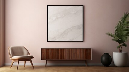 Illustrate a mockup poster frame on a chiseled marble wall in a contemporary art gallery with minimalist furniture.