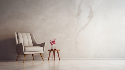 Illustrate a mockup poster frame on a chiseled marble wall in a contemporary art gallery with minimalist furniture.