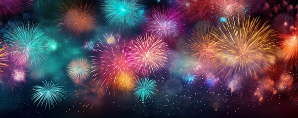 HAPPY NEW YEAR 2024 - Firework silvester New Year's Eve Party festival celebration holiday background banner greeting card - Closeup of colorful fireworks pyrotechnics in the night | Generative AI