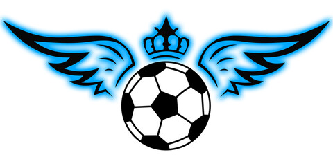 football logo sports emblem with angel wings and king crown with blue neon light