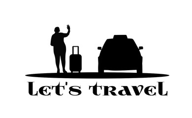 Traveler full body silhouette. Elderly woman, elderly lady, senior with suitcase, tourist, travel, taxi car transport. Black vector illustrations isolated on white background.