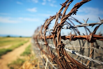 Barbed and razor wire fence. Fencing the state border against immigration - obrazy, fototapety, plakaty