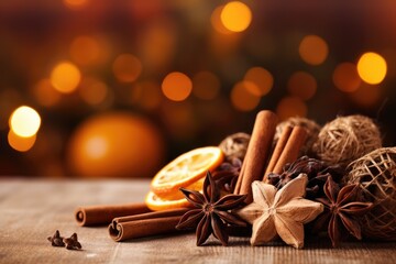 Traditional Christmas spices and dried orange slices on holiday light background. Christmas spices decoration
