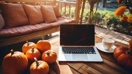 Mockup of a modern laptop screen on a wooden table among orange pumpkins. Mockup image of a laptop computer with blank screen placed on a wooden table.