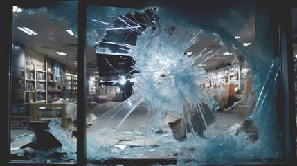 Broken glass in a store close-up - obrazy, fototapety, plakaty