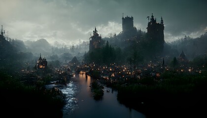 Fototapeta premium Dark Fantasy Medieval City in a Valley with a Forest and a river Dark Ambience cinematic lighting Extremely detailed 8k octane render unreal engine 