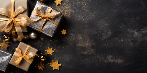 Beautifully packaged New Year's gifts with gold bows and scattered sparkling stars on dark background, Christmas and New Year, copyspace, Christmas Eve concept