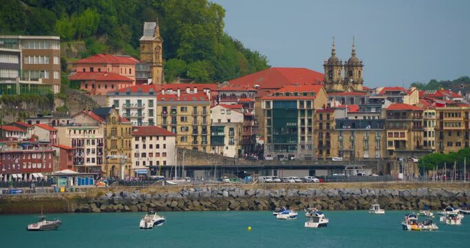 San Sebastian - Donostia. Buildings built at the top of the hills. The specific architecture of the Basque Country. View of The Diocese of San Sebastian, an Roman Catholic Church
