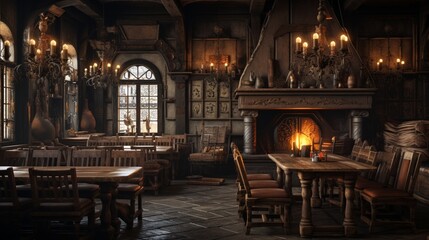 Imagine a mockup poster frame in a medieval tavern with rustic, wooden furniture.
