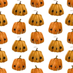 Seamless Halloween pattern with funny orange pumpkin with face. Cute loopable design, isolated vegetable art